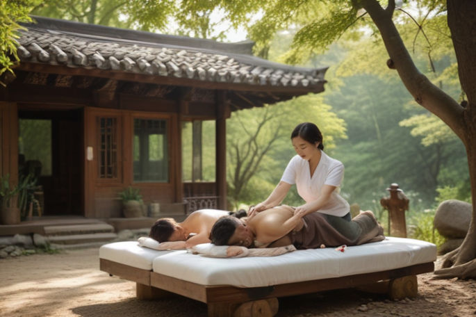 A couple enjoying a Thai massage session outdoors in Korea, surrounded by nature.