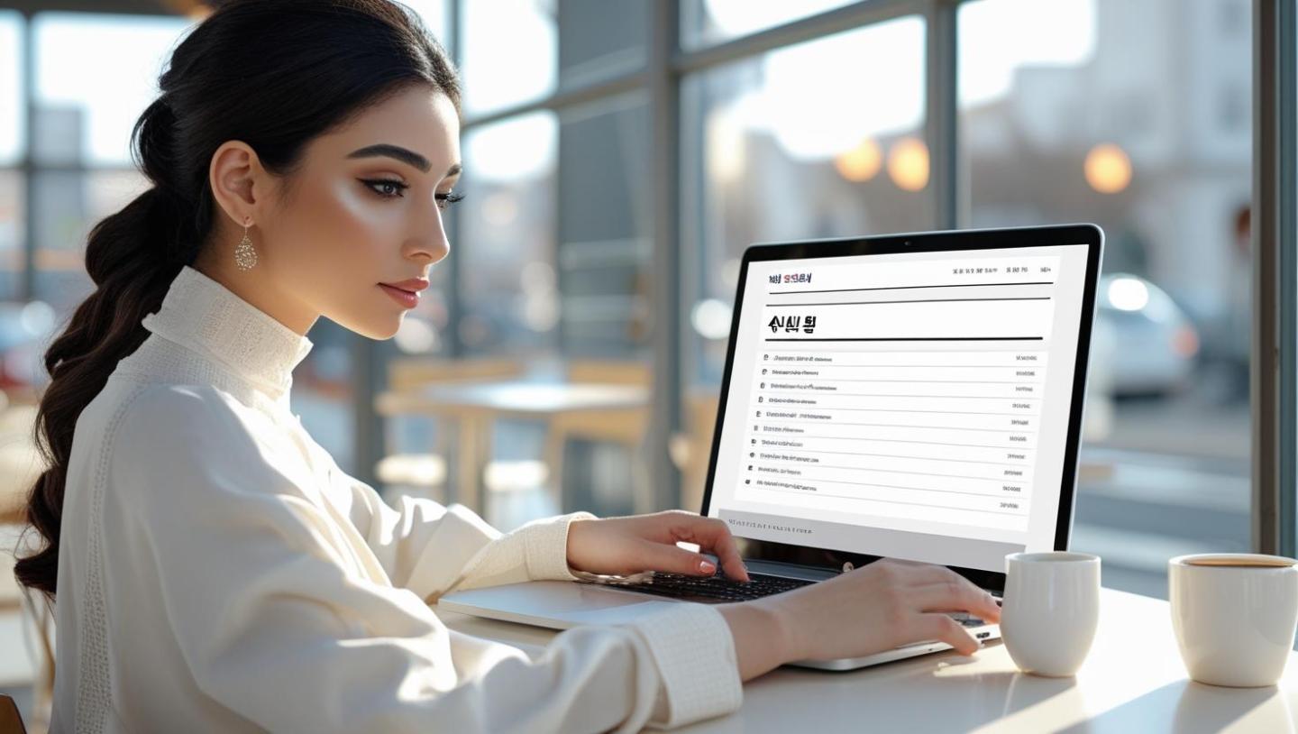 Person browsing minimalist Korean website layout on laptop in bright modern café.