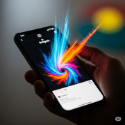 A close-up image of a person holding a smartphone. The screen displays a colorful and high-contrast image with vibrant designs that appear to physically extend from the screen into the real world.