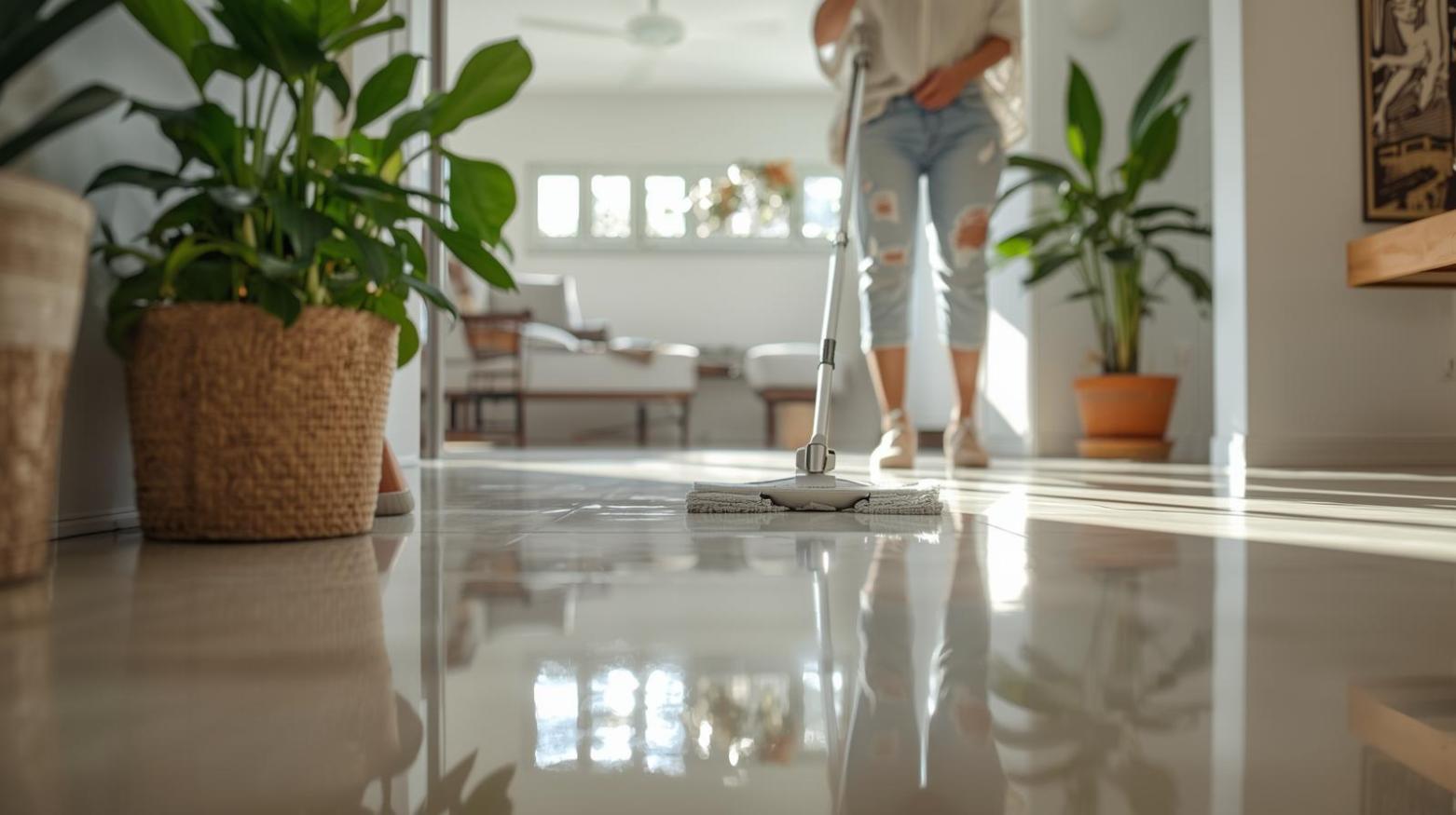 Smiling person cleans bright tiled floor in sunny Brisbane home filled with plants.